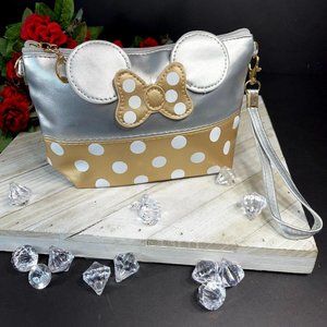 Minnie Mouse Gold Bow Polk Dot Mini Wristlet Cosmetic Mouse Themed Purse